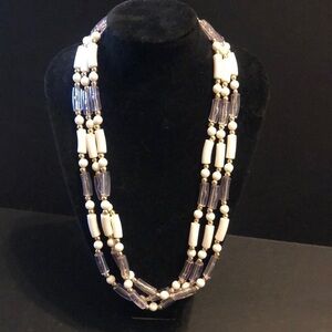 White & clear tubular beaded multi strand necklace​